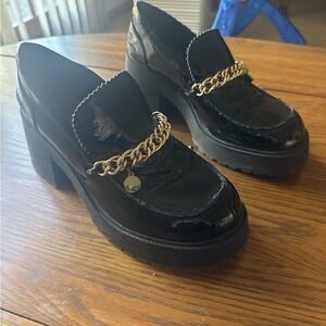 ASOS Black Patent Loafers with Gold Chain